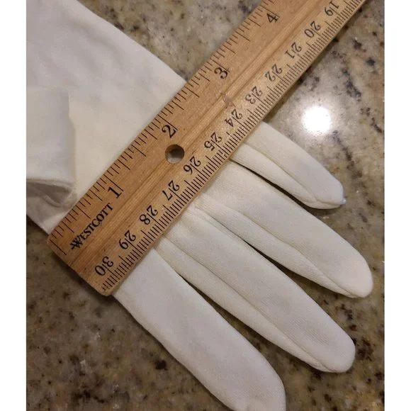 New? Vintage One Size Fits Cream Stretch Nylon Formal 8" Gloves Silver Tone Bead - Picture 16 of 16